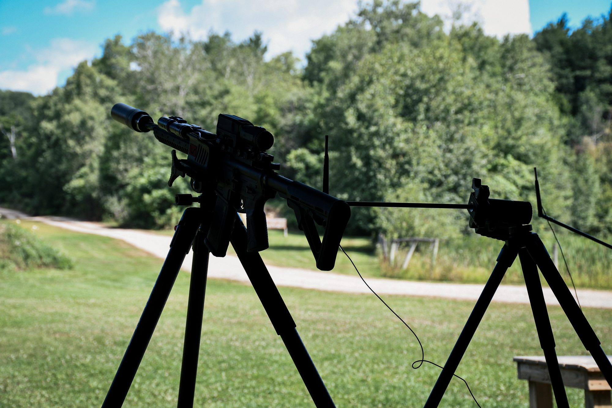 Suppressed rifle on a tripod with the sound meter set at the muzzle, Talon range session